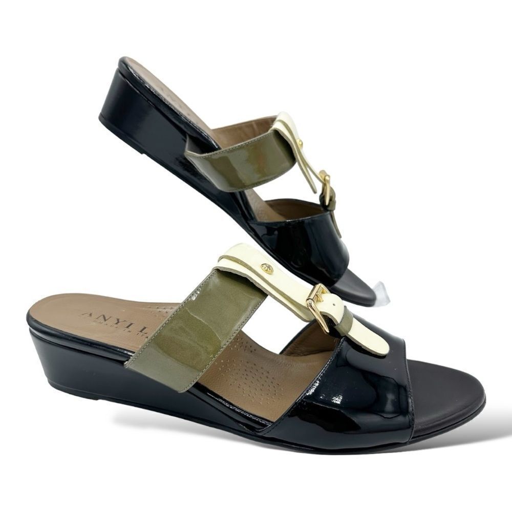 Anyi Lu Lucy Slip On Wedge Patent Leather Sandals Color Block Green/Black/Tan 11